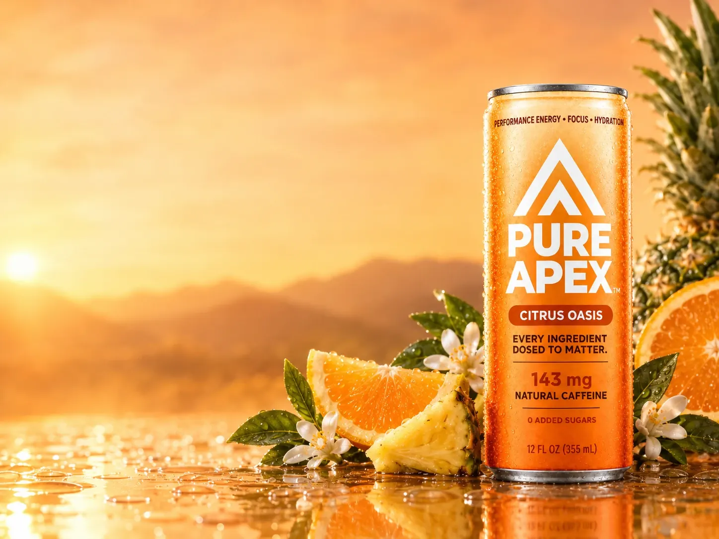 Pure Apex Citrus Oasis functional energy drink can with fresh orange and pineapple in warm sunrise light