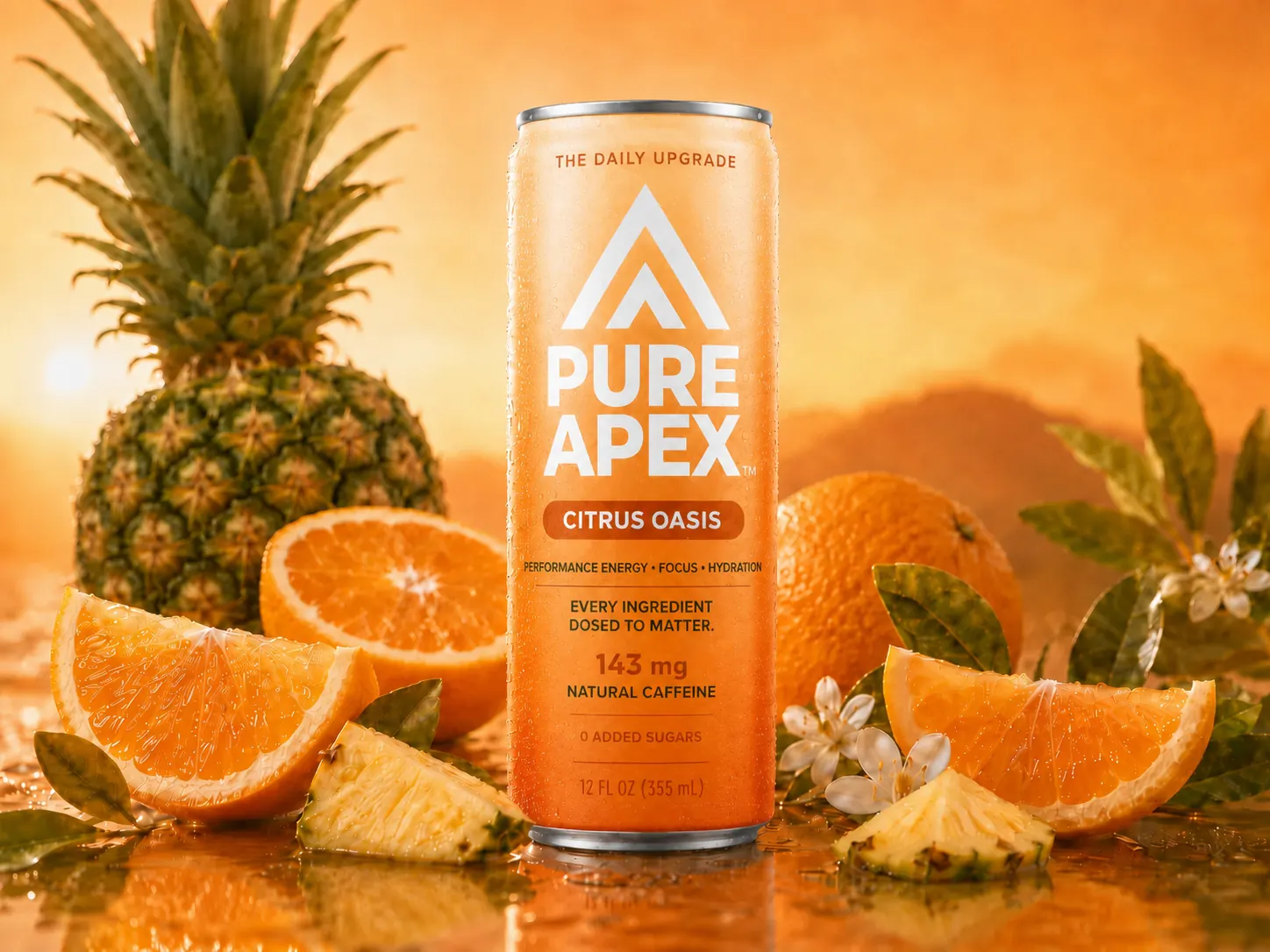 Pure Apex Citrus Oasis can with fresh orange and pineapple in warm sunrise light
